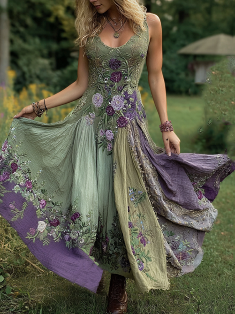 Classy Gradient Purple Lavender And Floral Embroidered Maxi Dress