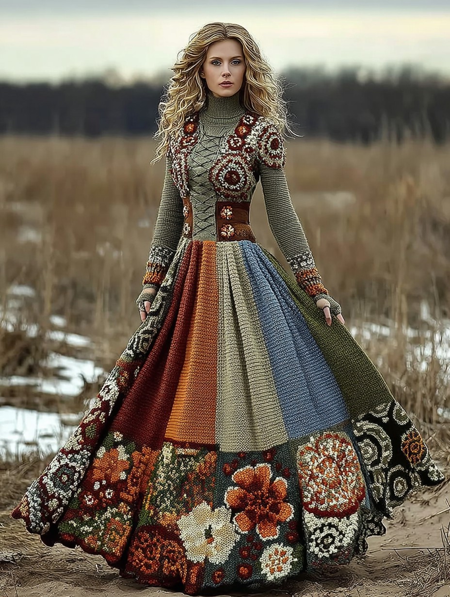 Vintage Floral Crochet Colorblock Cozy Maxi Sweater Dress