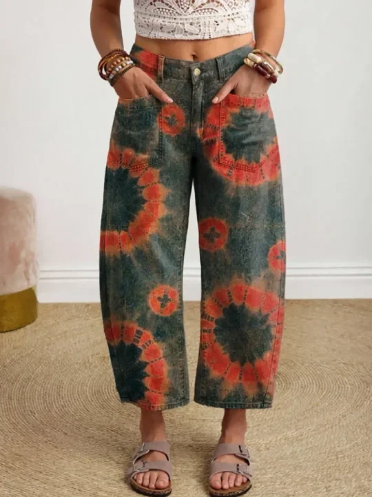 Vintage-style Textured Floral Art Print Casual Cotton Trousers With Pockets