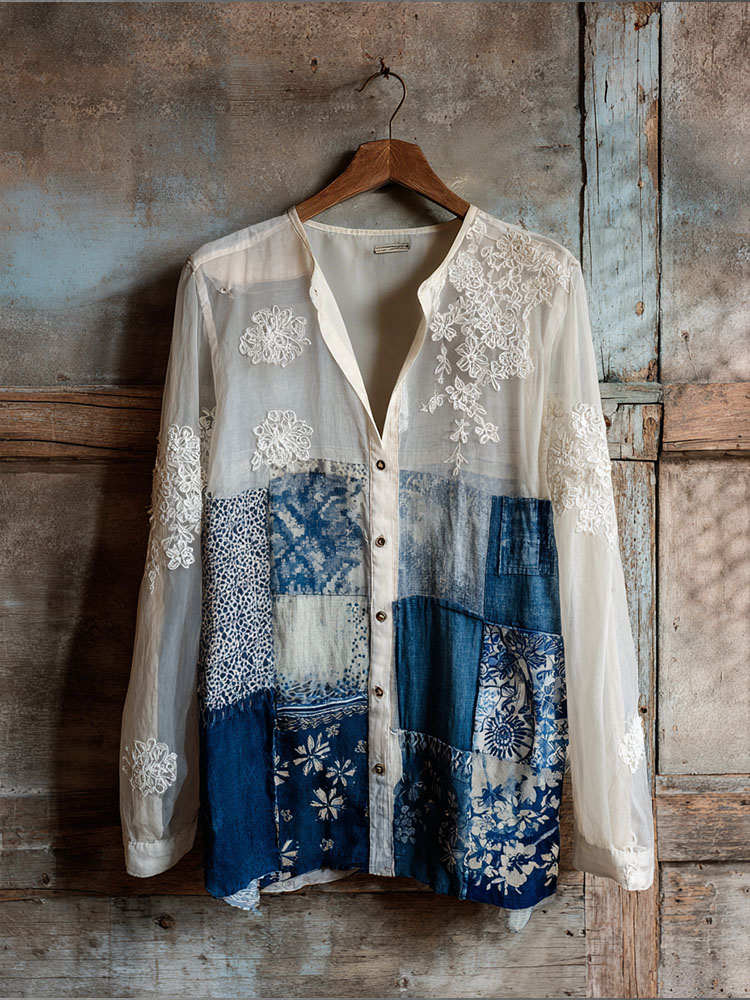 Vintage Lace With Floral Patchwork Linen Women's Long Sleeve Shirt