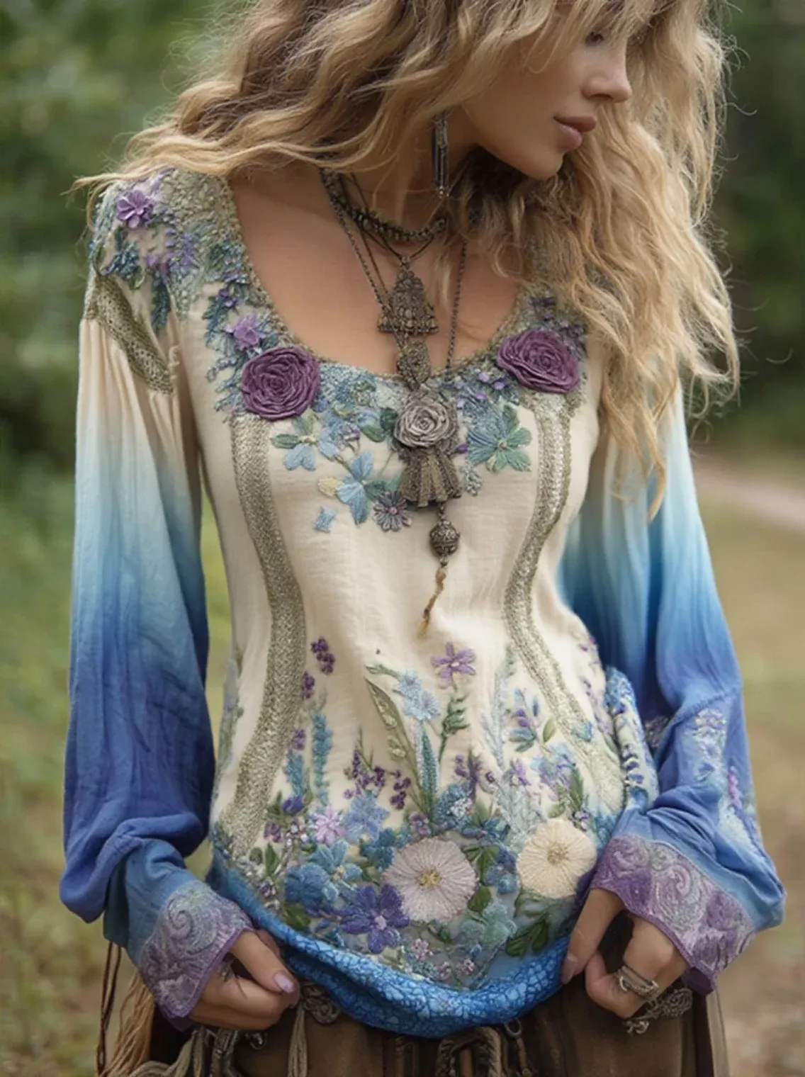 Classy Gradient Purple Lavender And Floral Embroidered Long Sleeve Shirt
