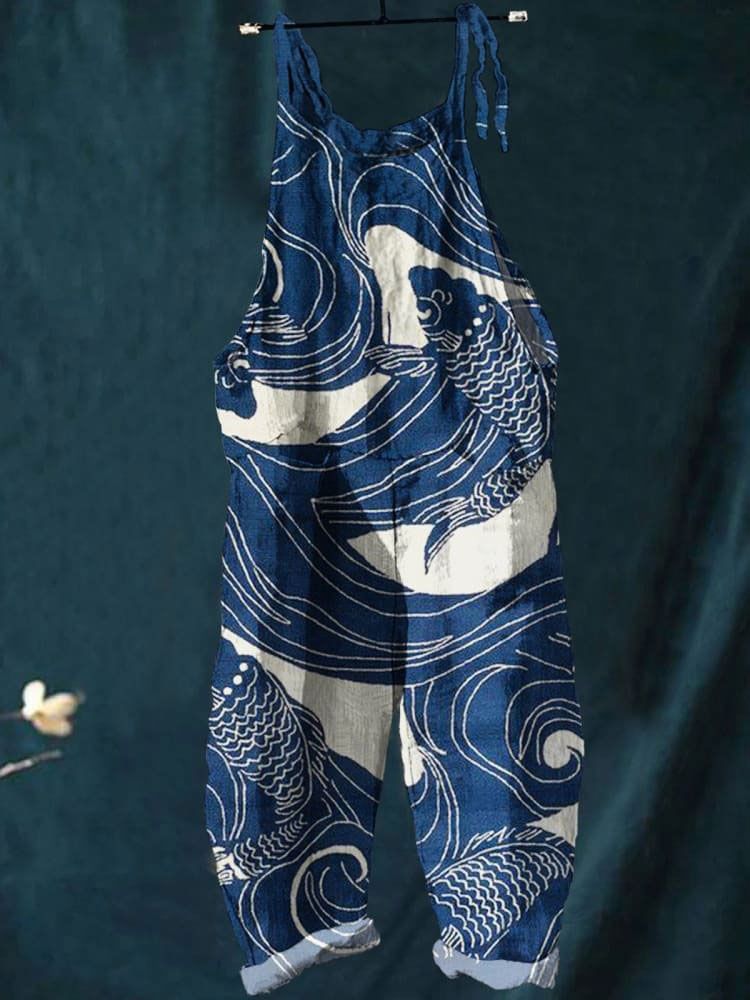 Japanese Art Print Casual Wide-Leg Jumpsuit