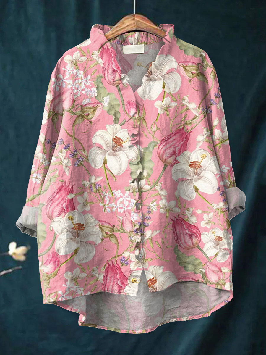 Vintage Flowers Art Print Casual Cotton & Linen Ruffle Shirt