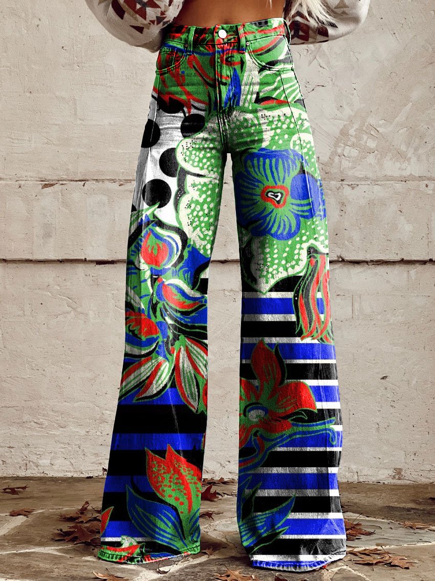 Vintage Print Casual Wide-Leg Pants