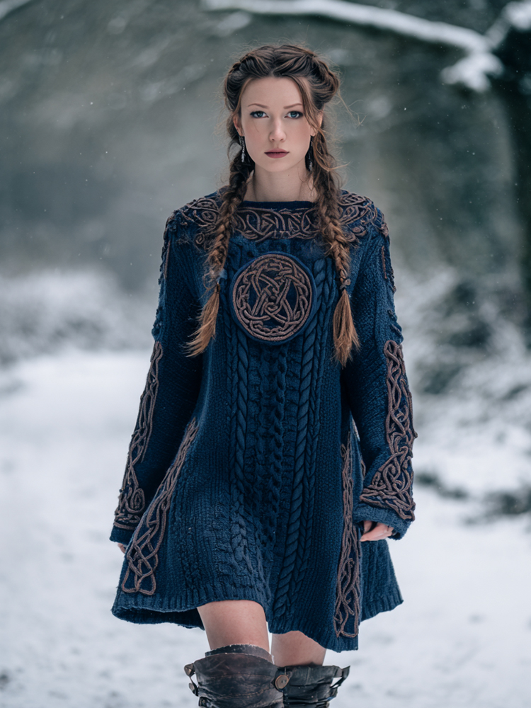 Vintage Viking Celtic Knot Art Knit Cozy Casual Cozy Knit Mini Dress