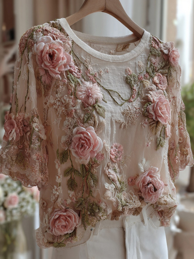Women's Embroidered Floral Vine Short-sleeve Blend T-shirt