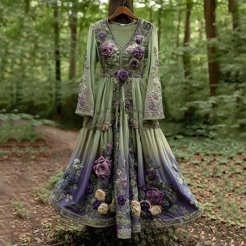 Classy Gradient Purple Lavender And Floral Embroidered Maxi Dress
