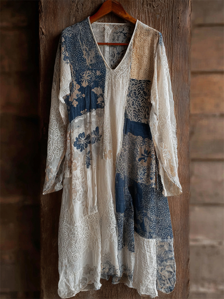 Japanese Floral Sashiko Patchwork Lace Flowy Maxi Dress