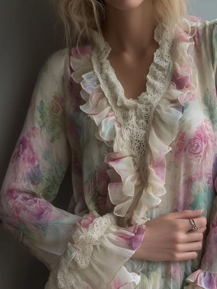 Romantic Vintage Floral Ruffled Chiffon Blouse With Lace Trim