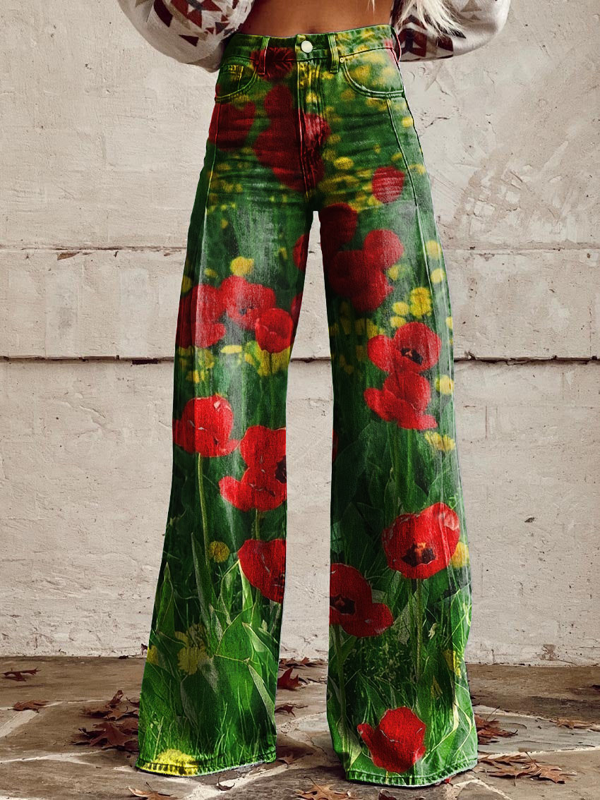 Retro Poppy Print Casual Wide-Leg Pants