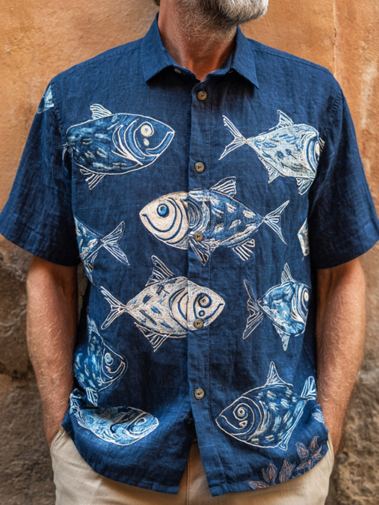Men's Japanese-style Art Fish Print Short-sleeved Shirt