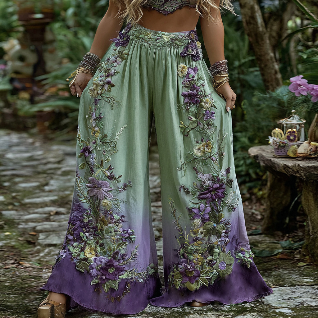 Floral Embroidered Art Print Straight Leg Blend Pants