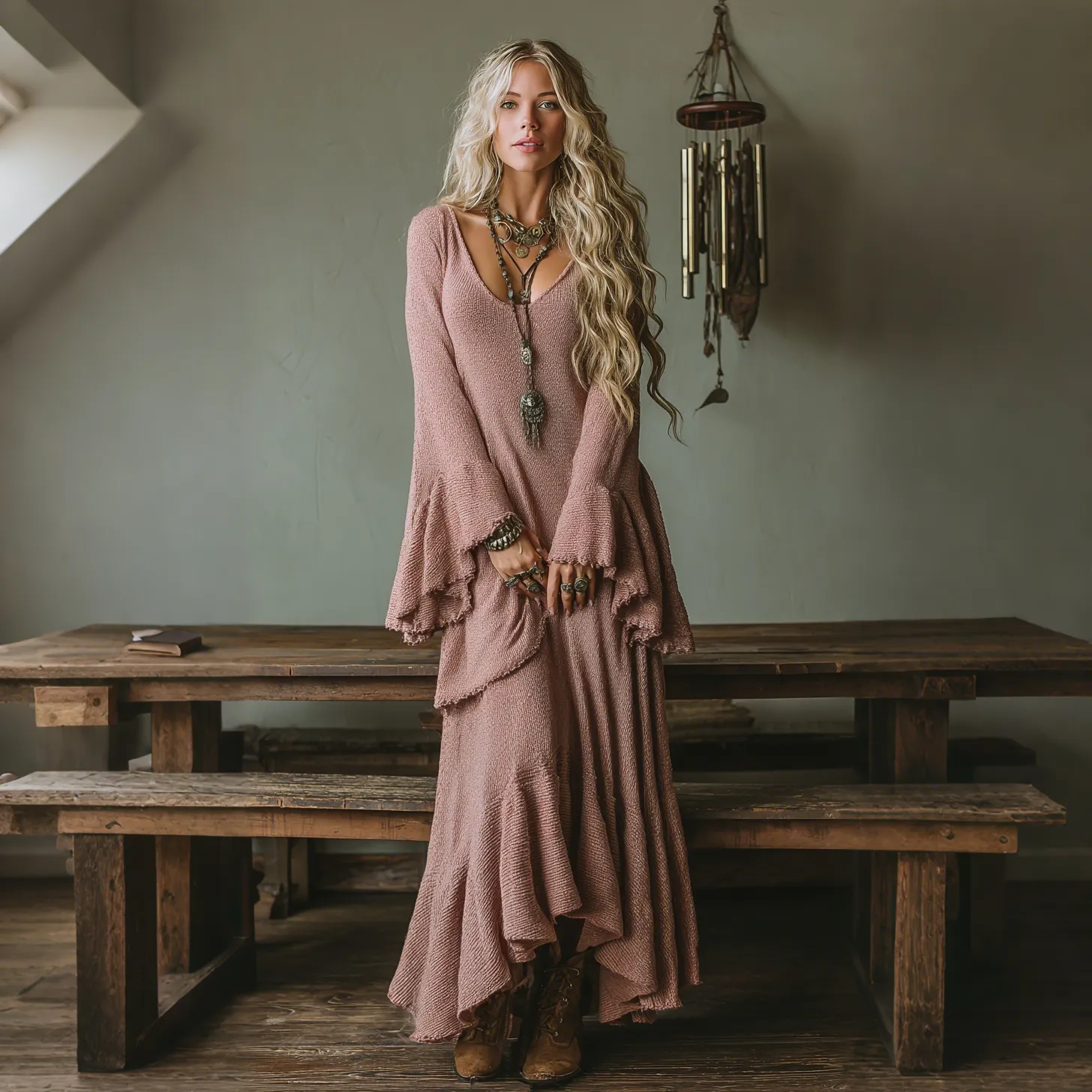 Elegant V-neck Sheer High-waisted Openwork Woven Flared Long-sleeved Oversized Dress