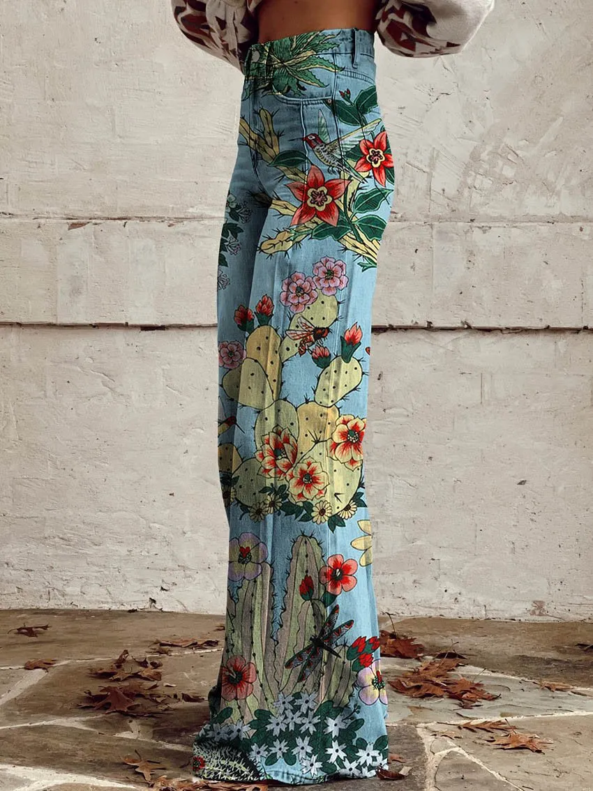 Hacienda Cactus Print Casual Wide-Leg Pants