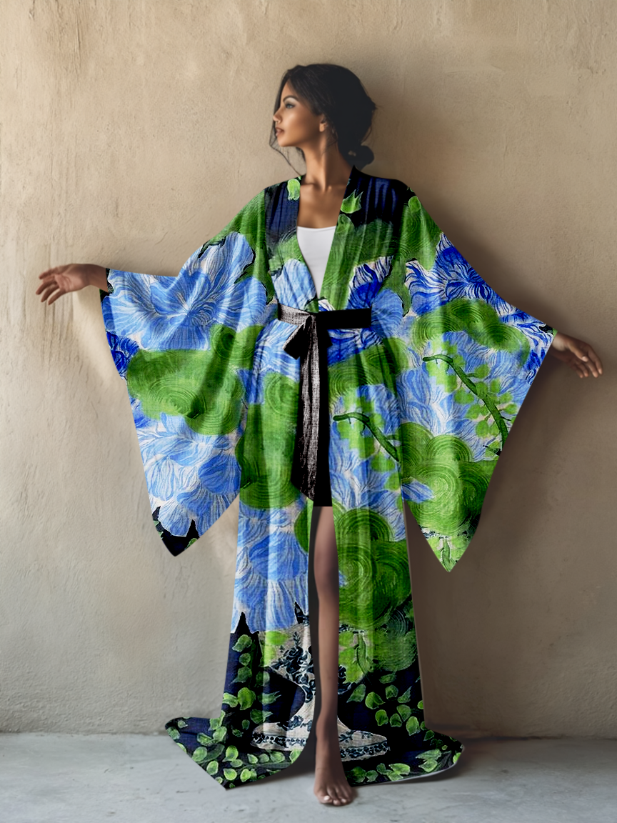 Abstract Art Print Kimono Long Gown Robe With Belt
