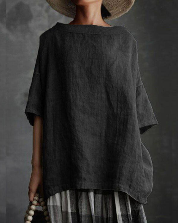Boat Neck Half Sleeve Solid Loose Plus Size Casual Linen Tops