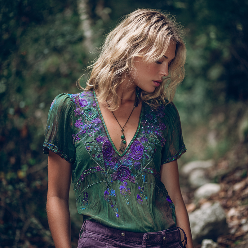 Vintage Purple Rose Embroidery V Neck T-shirt