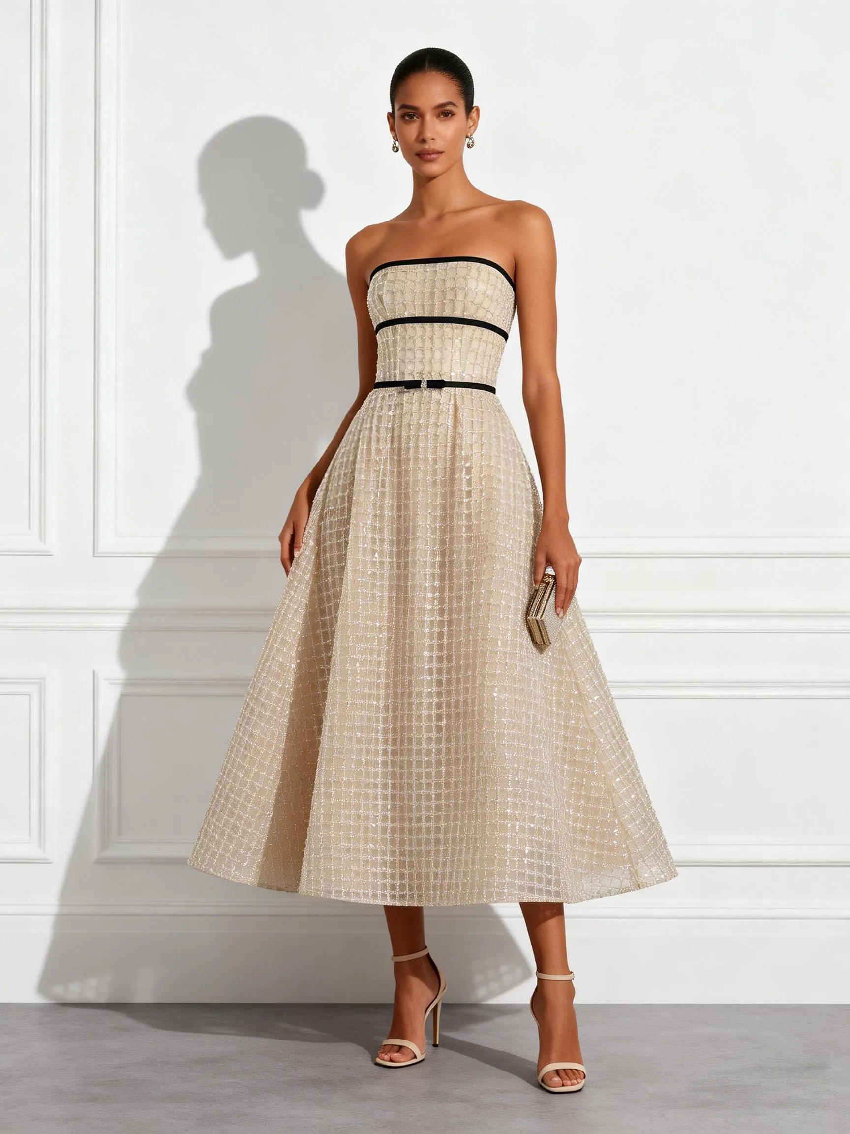 Champagne Glitter Strapless Sleeveless A-Line Midi Dress