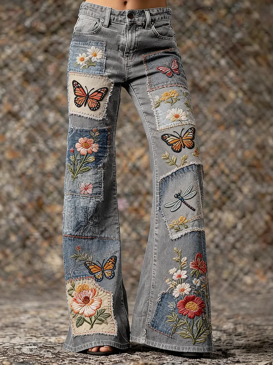 Retro Butterfly & Floral Art Print Casual Washed Cotton Pants