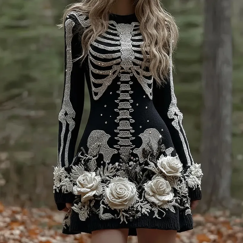Women's Vintage Skull Rose Comfortable Elegant Sweater Dress