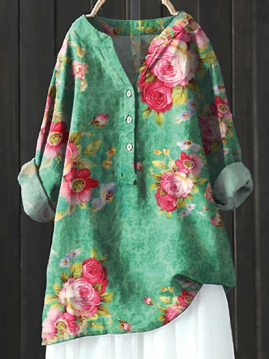Floral Art Print Casual Cotton & Linen Shirt