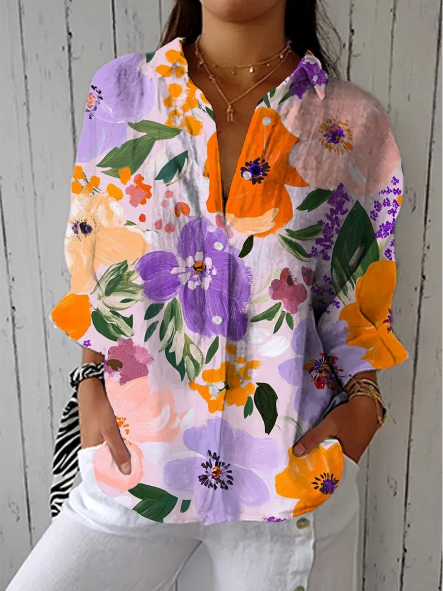 Vintage Art Purple Flower Print Casual Linen V-neck Shirt