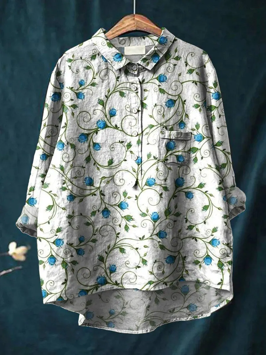 Floral Art Print Casual Cotton & Linen Shirt