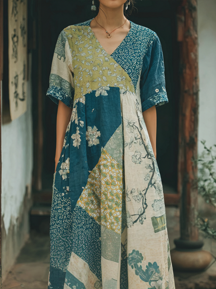 Japanese Art Retro Geometric Patchwork Plant Flower Print Women's V-neck Cotton & Linen Dress