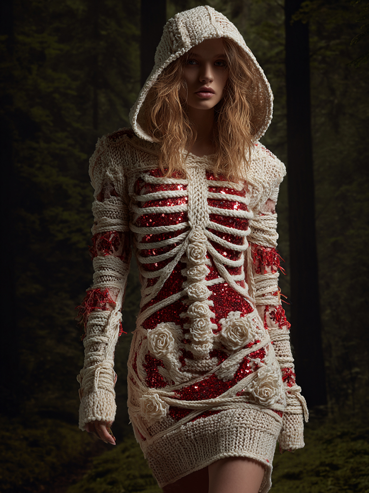Women's Halloween Anatomy Bandage Rose Sequin Art Cozy Knit Hooded Sweater Dress