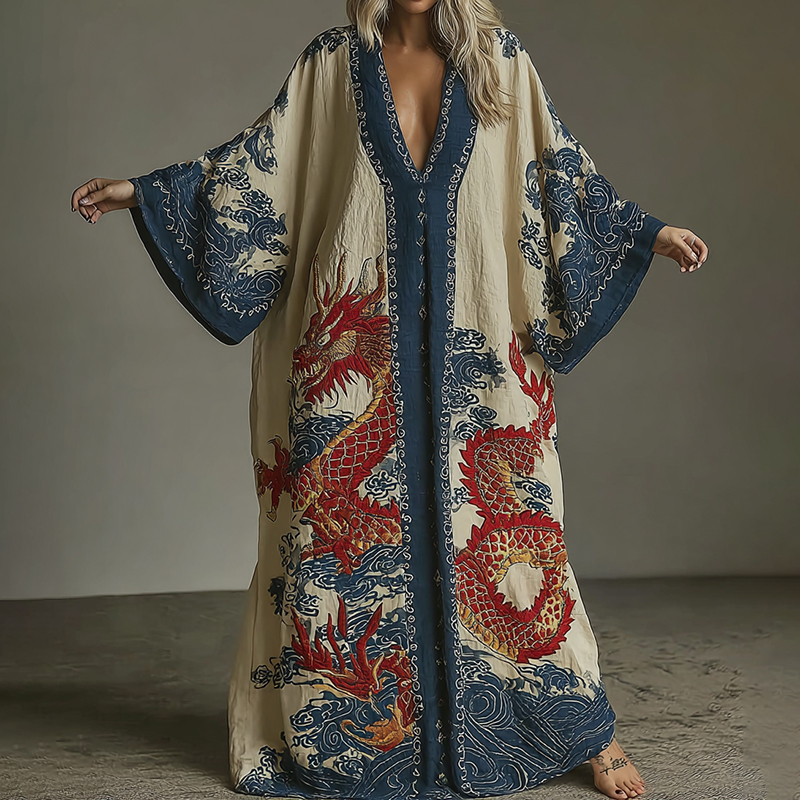 Japanese Dragon Art V-neck Kaftan