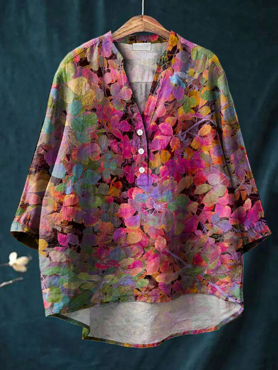 Vintage Dazzle Art Leaf Print Casual Cotton & Linen Ruffle Shirt
