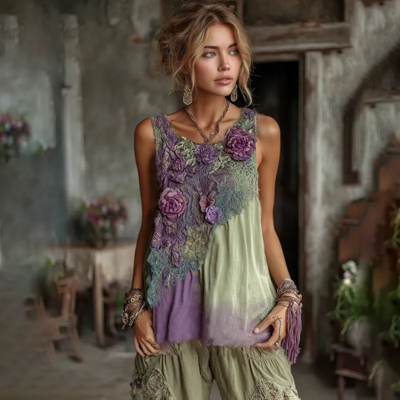Vintage Classy Gradient Purple Lavender And Floral Embroidered Pattern Tank Top