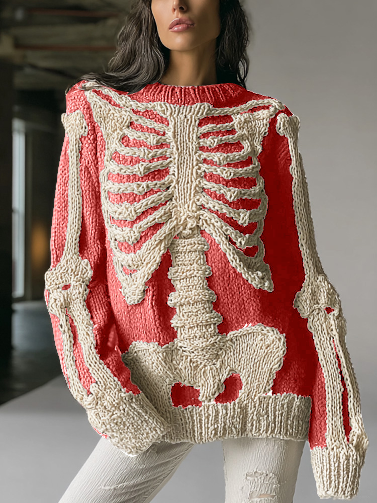 Women's Vintage Halloween Skull Embroidered Sweater