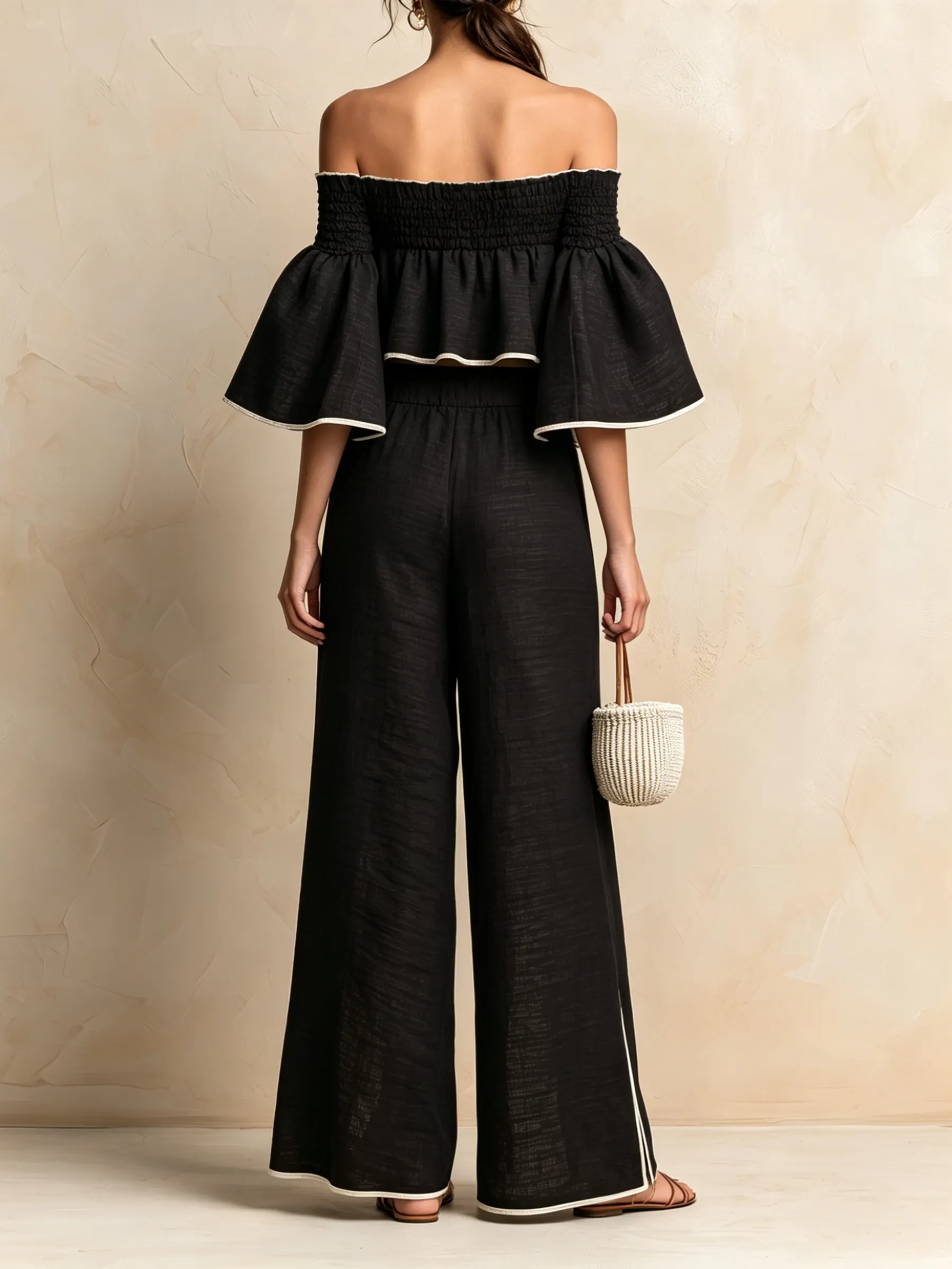 Black -Blend Off-Shoulder Two-Piece Set With Contrast Trim