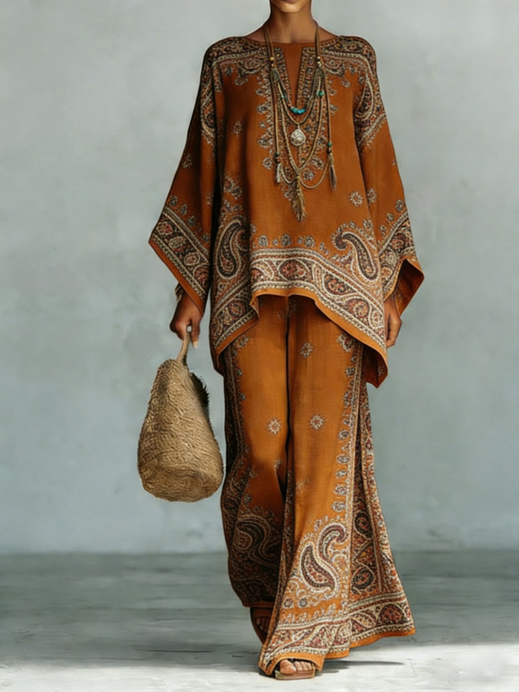 Comfortable & loose print pattern cotton & linen wide-leg pants two-piece set