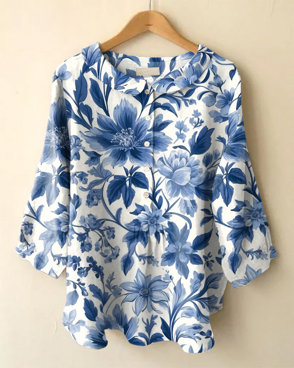 Vintage Floral Print Long Sleeve Peter Pan Collar Shirt