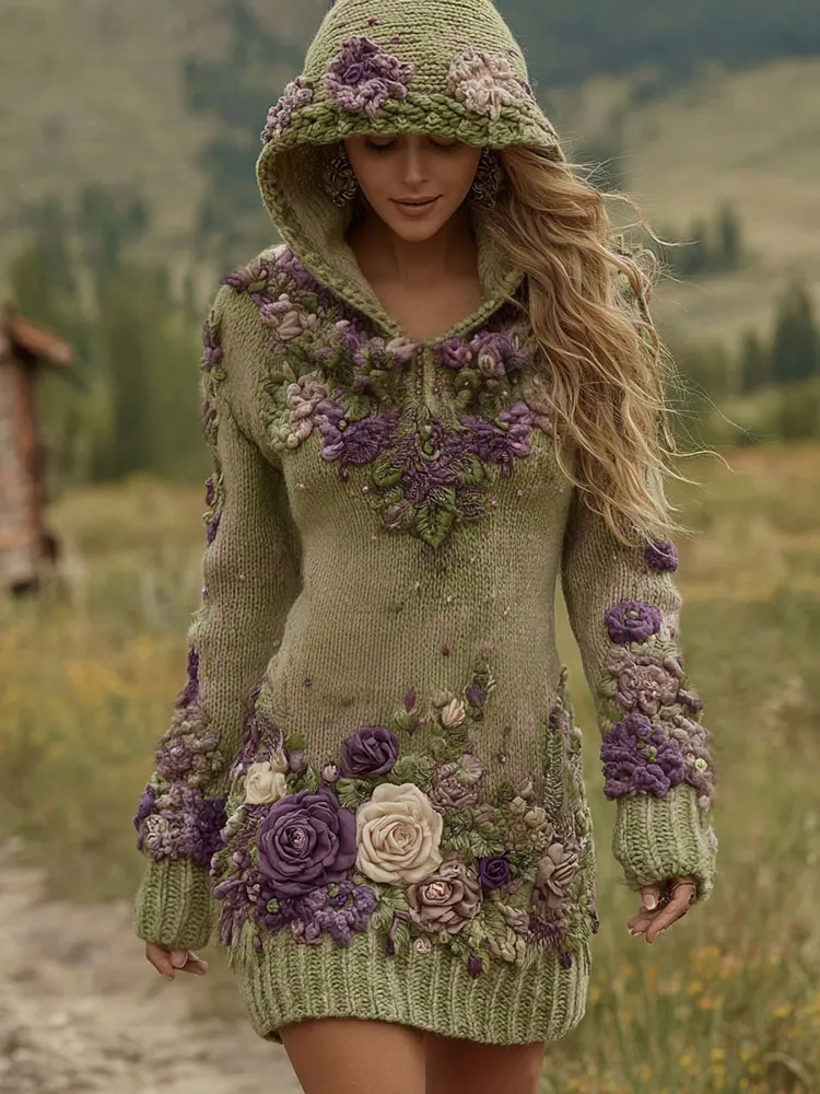 Classy Gradient Purple Lavender And Floral Art Cozy Knit Mini Hooded Dress
