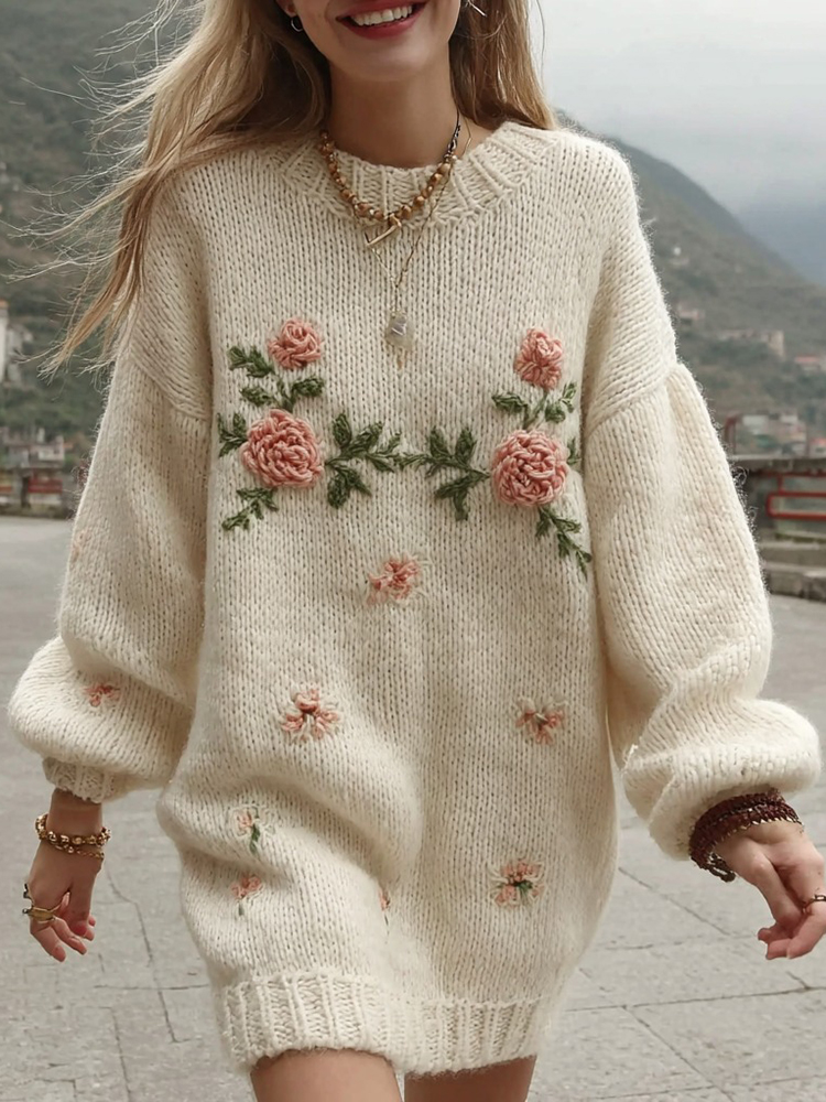 Women's Pink Rose Embroidery Knitted Round Neck Sweater Dress