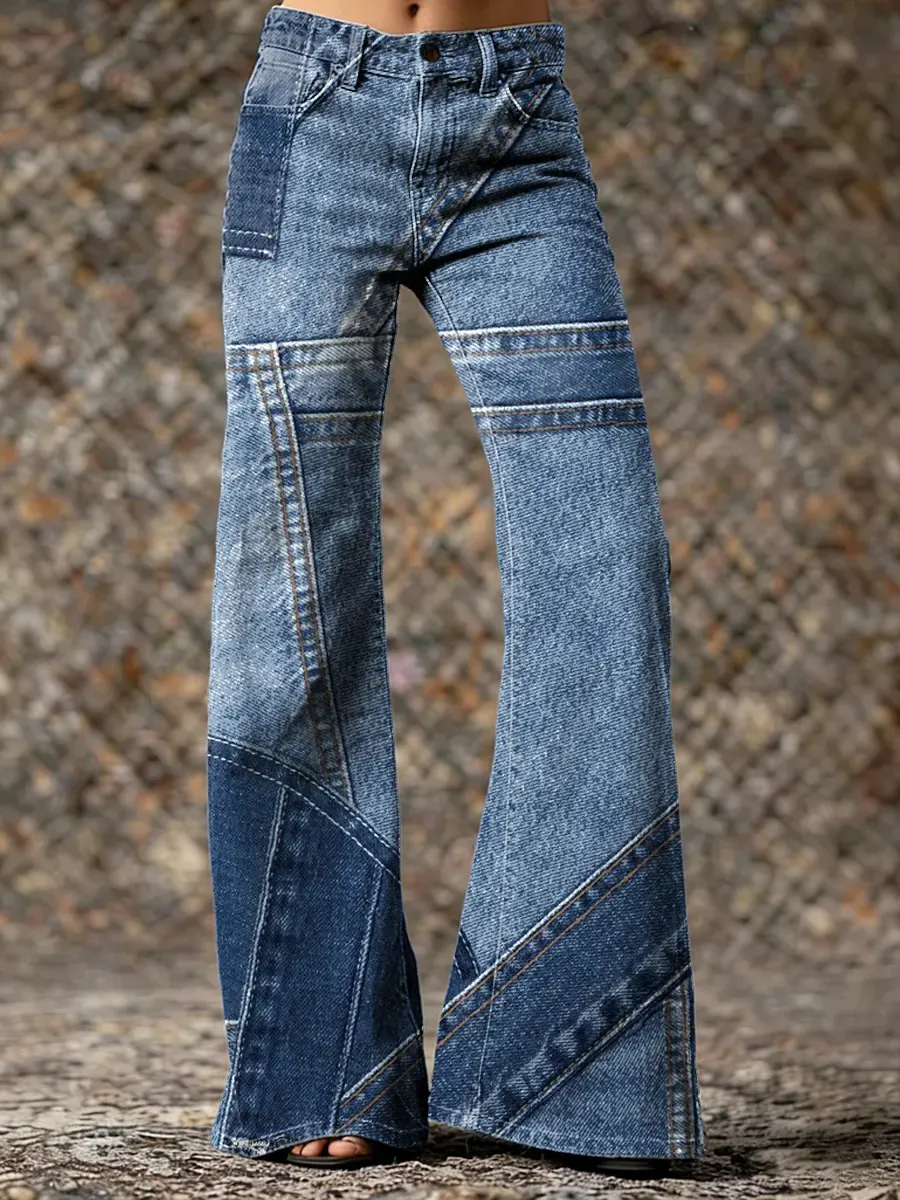Patchwork Art Print Casual Washed Cotton Denim Pants