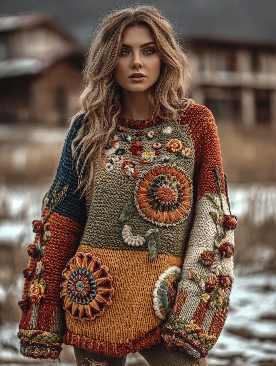 Vintage floral crochet multi-color patchwork comfortable knitted pullover sweater