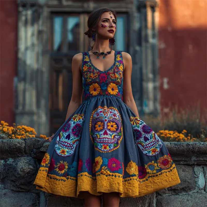 Day Of The Dead Sugar Skulls Marigolds Floral Evening Dress