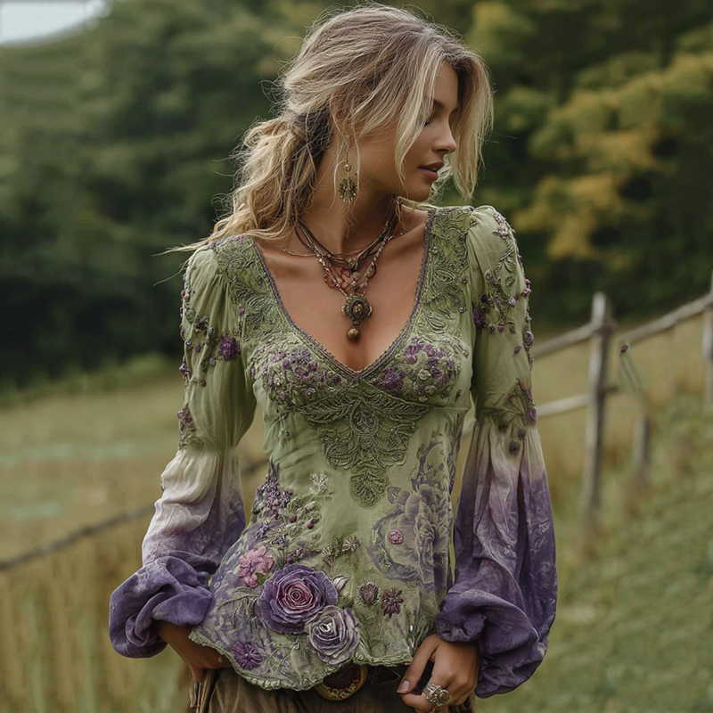 Vintage Purple Lavender And Floral Embroidered Linenv Neck Long Sleeve Shirt