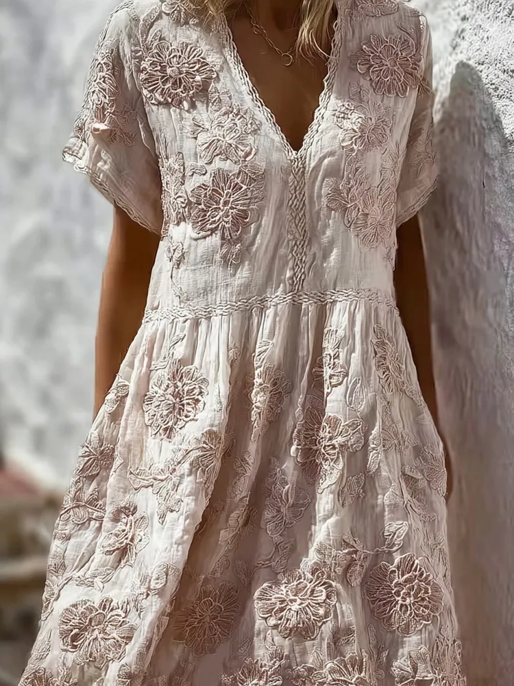 Elegant Floral Lace Embroidered V Neck Maxi Dress