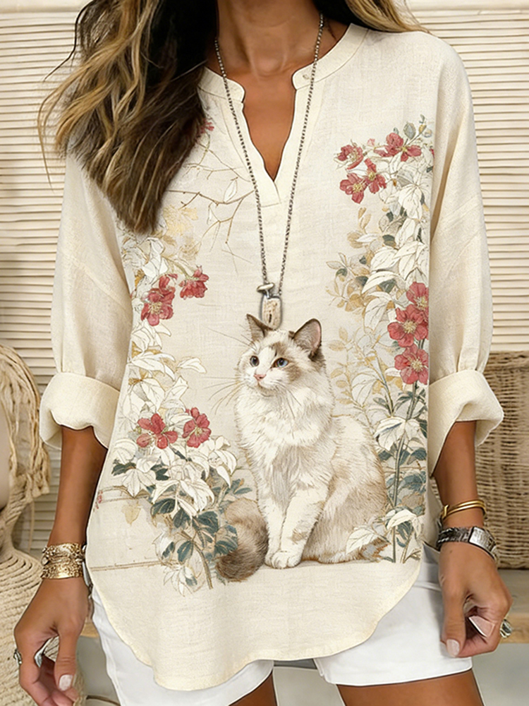Japanese-style Floral & Cat Pattern Linen Blend T-shirt