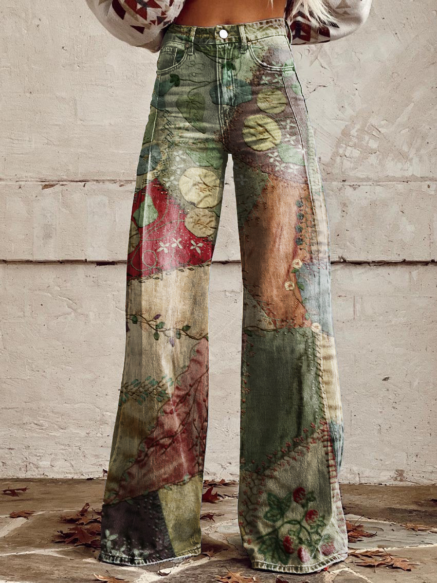 Retro Floral Stitching Print Casual Wide-Leg Pants