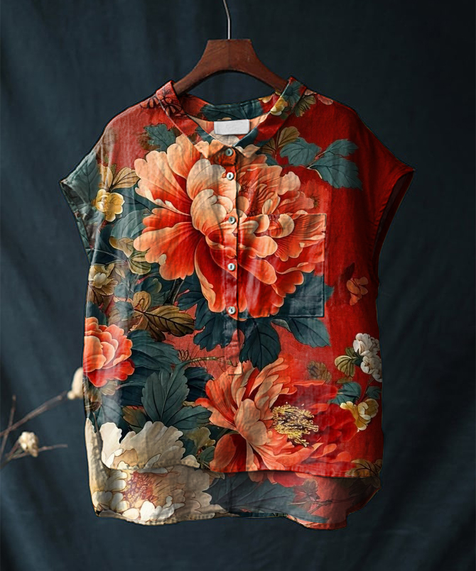 Vintage Floral Print Short-sleeved Cotton & Linen Shirt