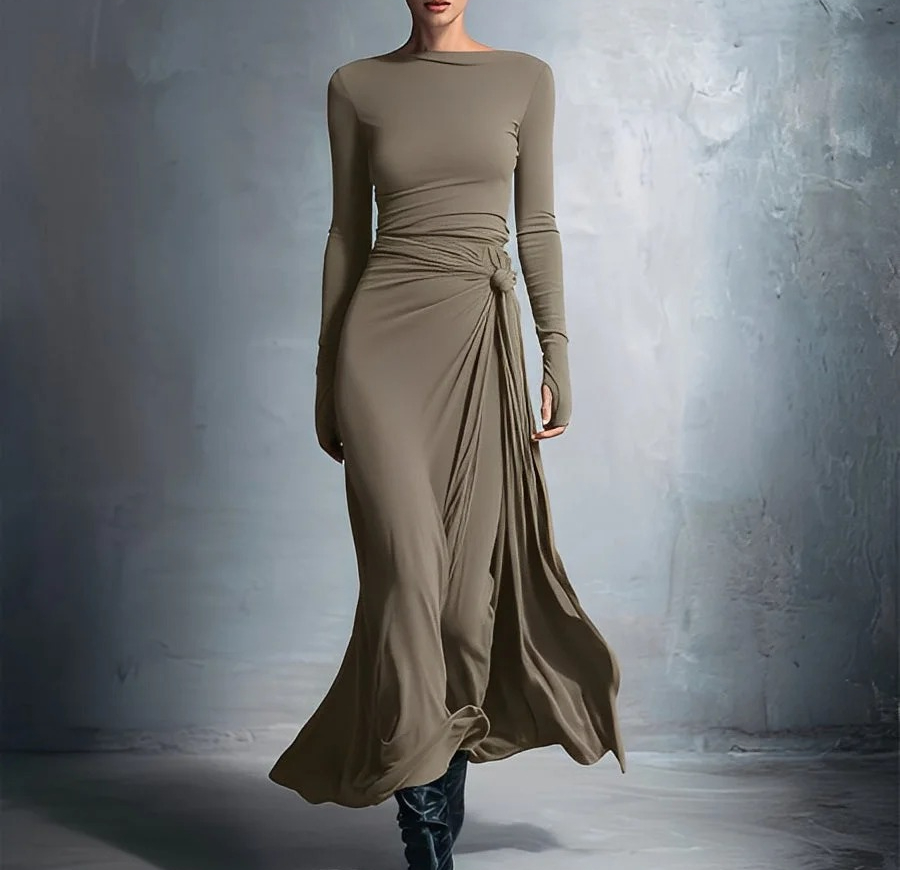 Women's Gray Exquisite Stretch Blended Fabric Wrap Dress - Knotted Maxi Dress
