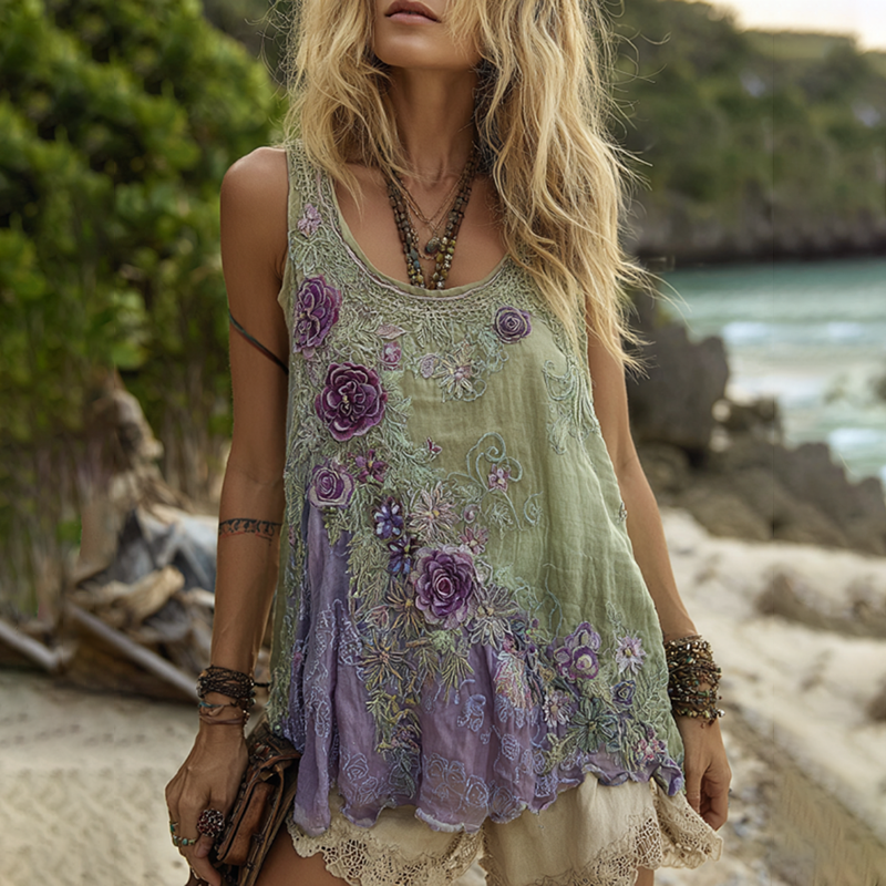 Vintage Classy Gradient Purple Lavender And Floral Embroidered Pattern Tank Top