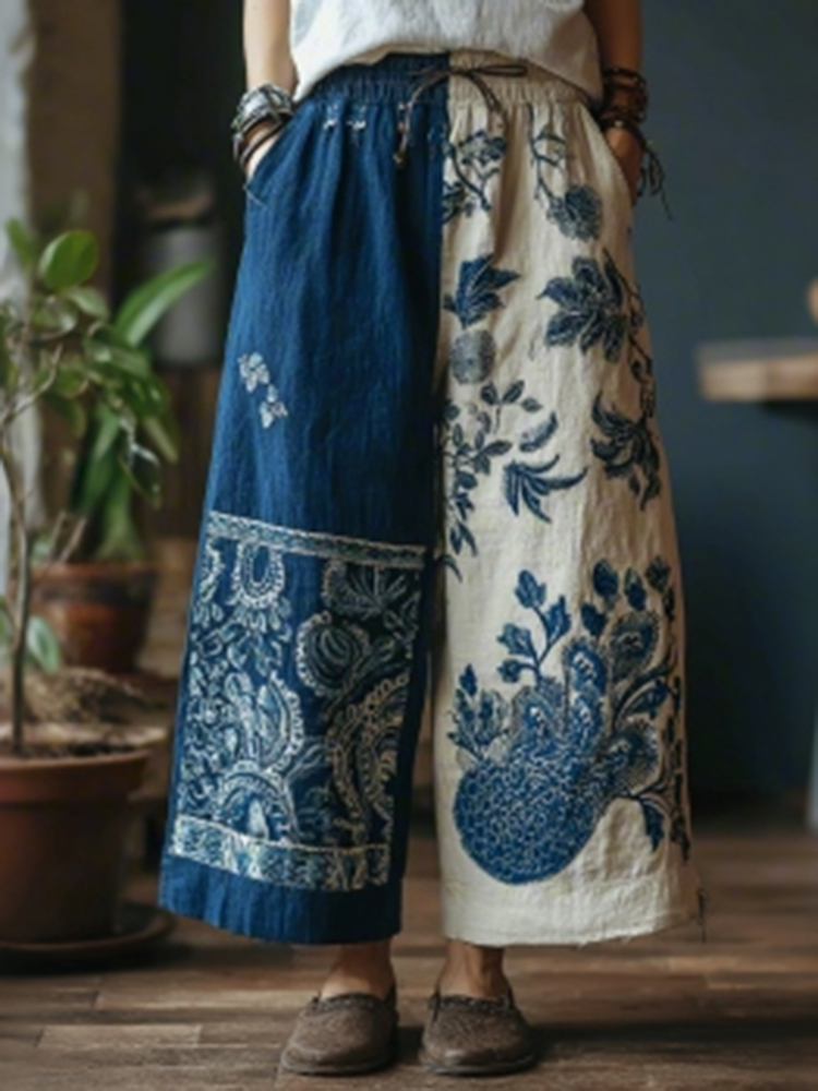 Japanese Floral Art Patchwork Casual Pants