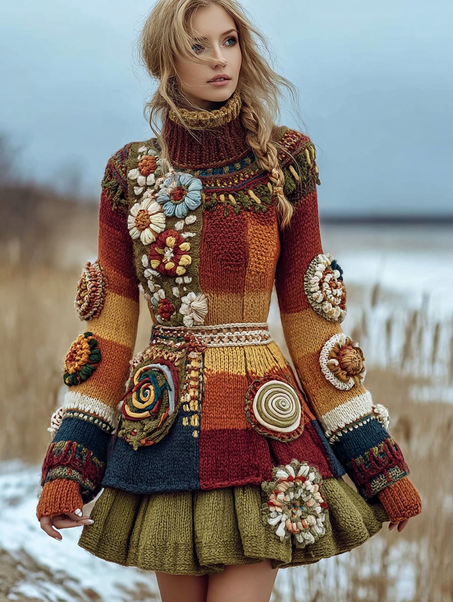 Vintage Floral Crochet Colorblock Cozy mini Sweater Dress